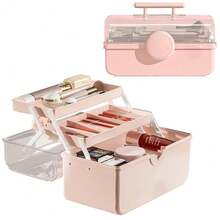 Makeup Storage Organizer, Large Capacity Makeup Organizer With Transparent Visual Cover, Handle 3 Layers Portable Cosmetic Storage Box Easily Organize Your Cosmetics, Jewelry And Hair Accessories{Inchcolor_nameinch:Inch11\InchPinkinch} - 11 inchMàu hồng - Xem 2