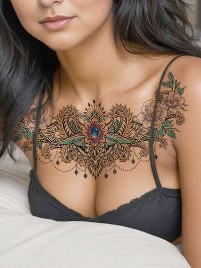 1pc Large Size Chest & Waist Temporary Tattoo Sticker, Vintage Pink Gemstone Jewelry Pattern, Waterproof Fake Tattoo, Lasts 2-5 Days, Covers Scars, Suitable For Party, Gift, Vacation, Body Decoration