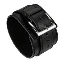 MensPunk Rock Black Wide PU Leather Wrist Belt Cuff Bracelet For Husband Son Boyfriend Gifts - 黑色 - 查看 1