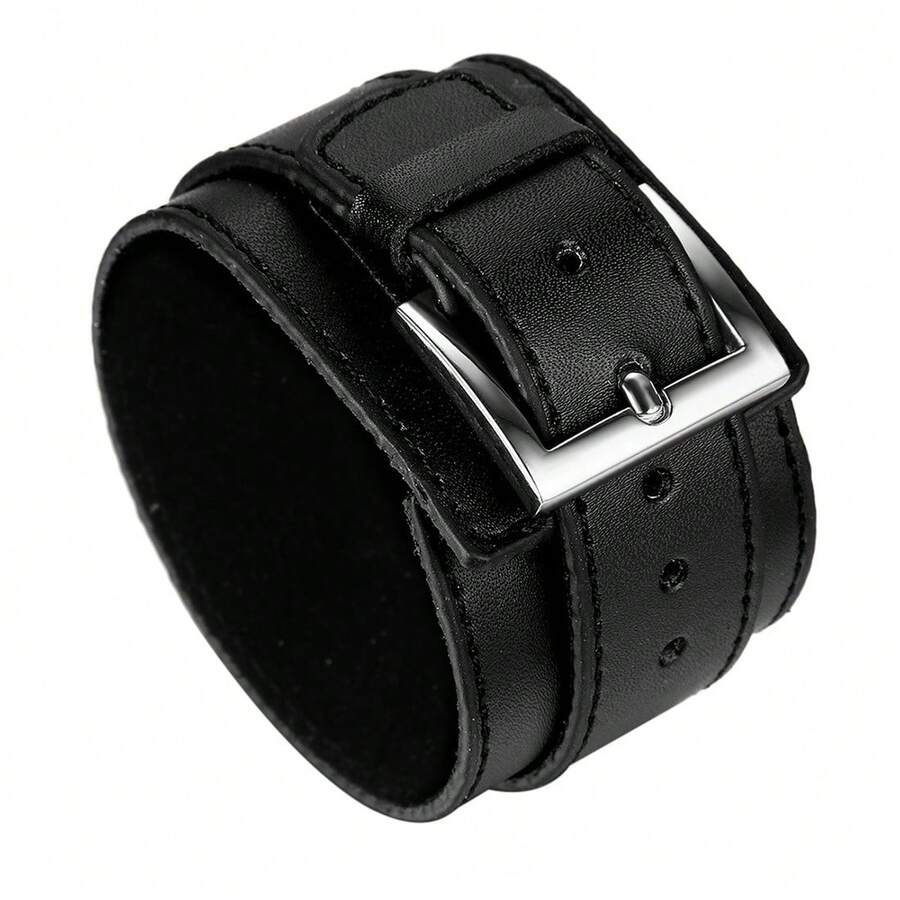 MensPunk Rock Black Wide PU Leather Wrist Belt Cuff Bracelet For Husband Son Boyfriend Gifts - 黑色 - 查看 1
