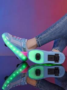 1双LED发光透气随机图案闪光轮滑鞋，魔术贴系带设计，可爱圆头厚底低帮青少年运动鞋