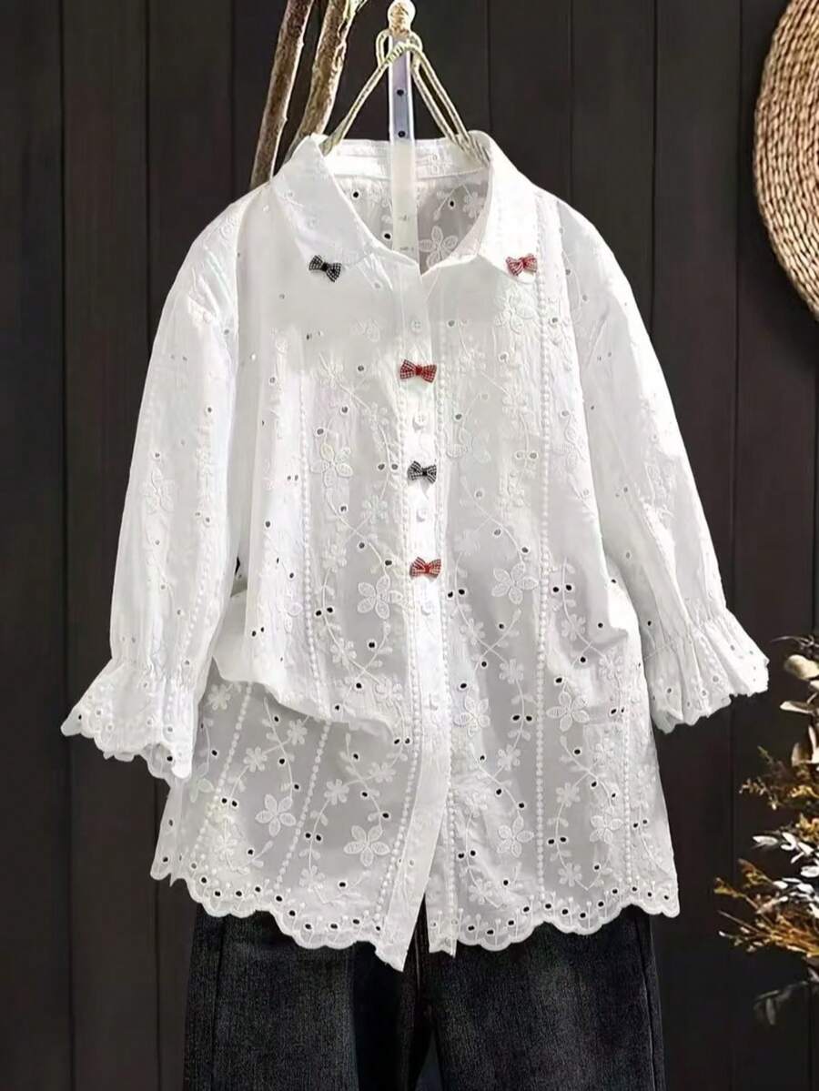 大码女式喇叭长袖纽扣刺绣宽松衬衫 - 白色 - 查看 1