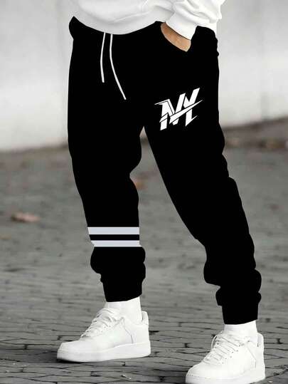 单件大码男士慢跑裤 - 黑色休闲运动裤，抽绳设计，针织面料，舒适时尚，适合春秋季户外活动，运动休闲服饰 | 运动外观 | 涤纶针织裤