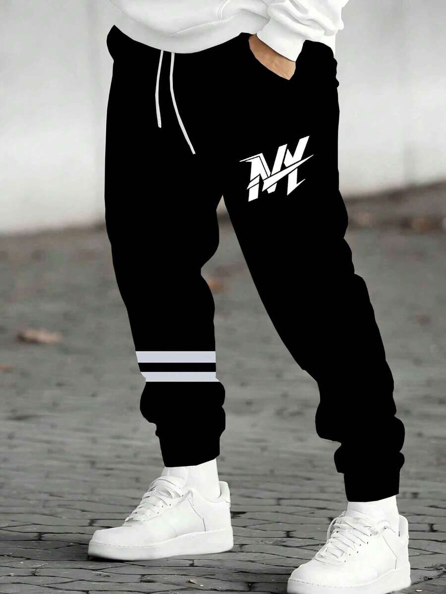 Plus Size Men's American Street Style Cuffed Sweatpants, Loose Fit Slimming Drawstring Waist High Elasticity Casual Sports Long Pants Fall Black - Black - View 1