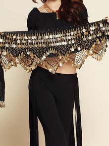Belly Dance Hip Scarf, Sweet Belly Dance Skirt Wrap Performance Bling Sequins Coins, Belly Dance Costume For Women,And Sweet Bellydance Hip Scarf With Gold Coins Skirts Wrap Noisy - 黑色 - 查看 1