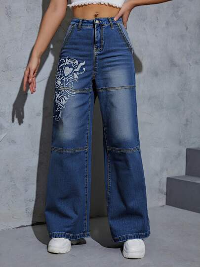 Vaqueros azul oscuro de pierna ancha, rectos, con estampado en forma de corazón, holgados, versátiles y casuales, de estilo retro para mujer