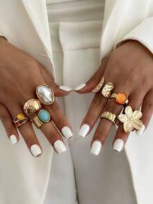 7 件复古时尚几何玉石镶嵌戒指套装，厚金属金色戒指适合女性日常佩戴和派对装饰，礼品首饰套装 - 金黃色 - 查看 5