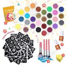 Glitter Tattoo Kit Bledras 30 Colors Temporary Tattoo Set For Girls 147 Stencils 4 Brushes 2 Glue Glitter Tattoos For Or Adults For Girls Boys Carnival Birthday Festival Party - 黃色 - 查看 3