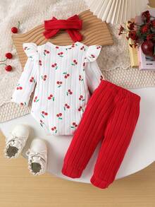 2件套女婴可爱柔软樱桃图案长袖连体衣+红色裤子套装，秋冬季 - 紅色 - 查看 2