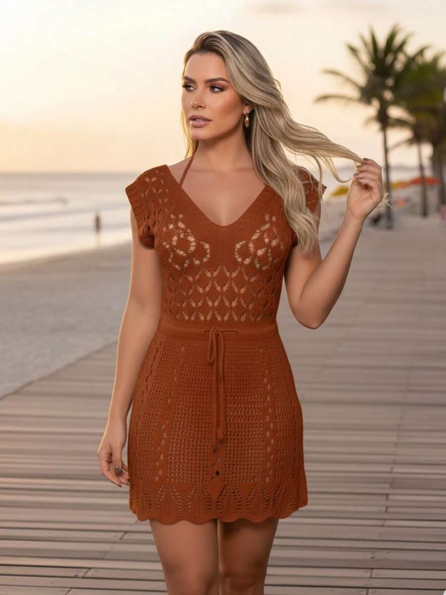 Short Beach Cover-Up Dress With Slit, Lace, Crochet, Knit, Summer - Màu nâu  Mocha - Xem 1