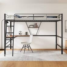 Metal Bed Frame 90x200cm, Iron Bed, Loft Bed With L-Shaped Desk And Shelf For Kids, Teens And Adults, Black - Black - View 3