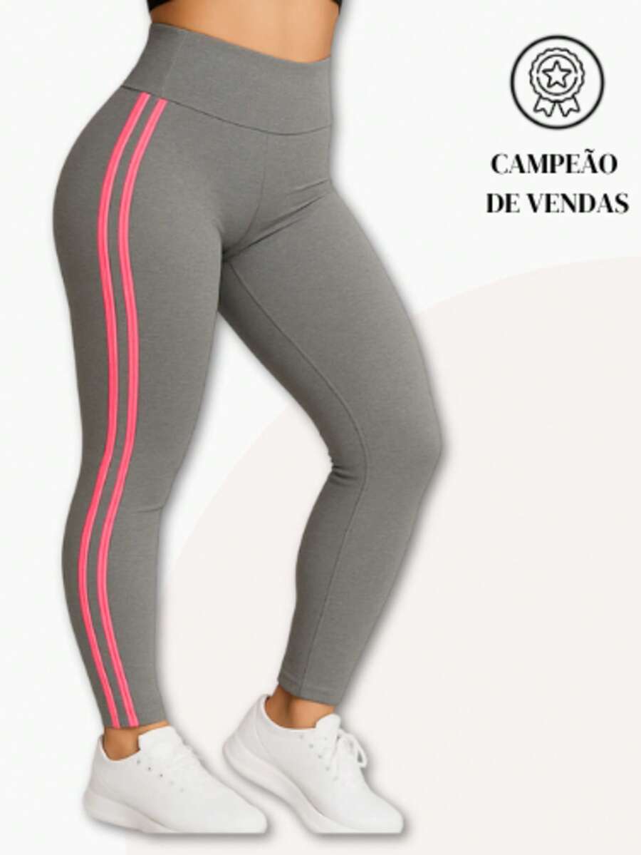 Premium Leggings With Side Stripes - Gray and Pink - View 1