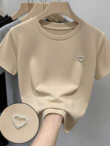 Playeras juveniles modernas con detalle estampado de corazón de perlas, cómodas y versátiles - Beis - Ver 1