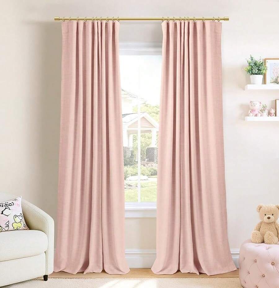 % Blackout Curtains Bedroom, 84 Inch Long Blackout Curtains, Clip Rings Linen Drapes, Thermal Insulated Room Darkening Living Room, 2 Panels - Beige, W50xL84, Bedroom Decor - Blush Pink - View 1
