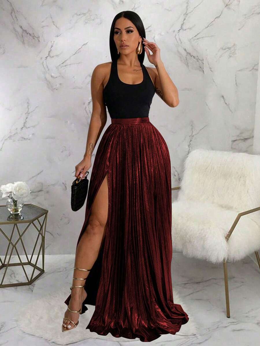 Women's Metallic Pleated High Slit Skirt, Summer Fashion - Burgundy - View 1