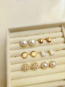 6 Pairs Unique Pearl Earrings, Luxury Vintage Enamel Cat Eye & Heart Shaped Stud Earrings