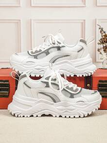 This Fashionable Men's Shoe Features A White And Gray Mesh And Leather Patchwork Design, Paired With A Thick Platform Sole, Making It A Casual And Stylish Low-Top Lace-Up Sneaker. Suitable For Outdoor Hiking, Fitness Activities, Daily Commuting, And Casual Wear. Suitable For Both Men And Women, The Thick Cushioned Sole Provides A Comfortable Wearing Experience, Suitable For All Seasons, And Is An Ideal Gift For New Year And Valentine's Day. - white ash - View 3