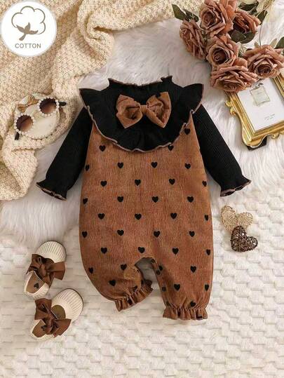 Baby Girls' Autumn/Winter Corduroy Fabric Ruffle Trim Long Sleeve Patchwork Heart Corduroy Romper