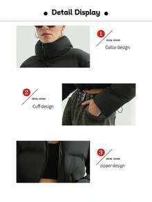 Inspirado en el estilo europeo y americano, este abrigo de mujer francés presenta un cuello alto, está hecho de algodón cálido y tiene un cierre con cremallera. - Gris - Ver 10