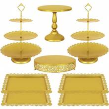 8 Pcs Cake Stand Gold Metal Dessert Table Display Set, 3-Tier Cupcake Stand, Cake Display Tower And Cookie Tray Rack Serving Tray For Birthday Party, Weddings, Baby Shower (Gold) - 金色 - 查看 2
