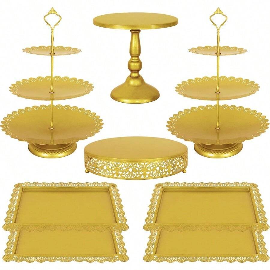 8 Pcs Cake Stand Gold Metal Dessert Table Display Set, 3-Tier Cupcake Stand, Cake Display Tower And Cookie Tray Rack Serving Tray For Birthday Party, Weddings, Baby Shower (Gold) - Gold - View 1
