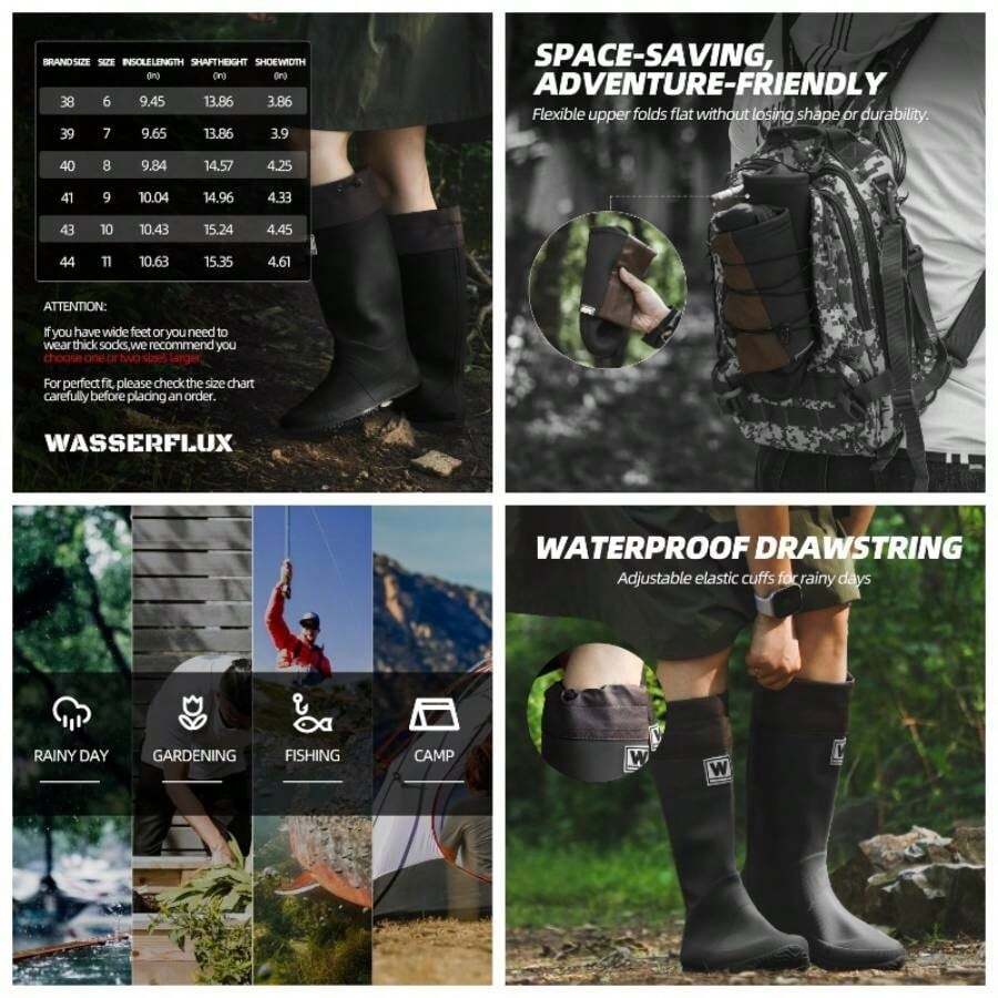 - Botas de lluvia a media pantorrilla para mujer, impermeables, plegables de goma con puo ajustable y suela antideslizante, ligeras para jardinera y trabajo al aire ltima intervensin - 23,0 cm + Negro - Ver 1