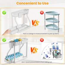 2 niveles Estantería de almacenamiento debajo del fregadero, Estantería de almacenamiento para gabinete de cocina, Canasta deslizante de doble cajón, Cesta de recolección multifuncional para baño, Organizador, Estantería para almacenamiento debajo del mostrador de la cocina con 5 ganchos y 2 cestas colgantes, Regalo decorativo para la cocina - Estante de almacenamiento tipo R - blanco - Ver 5