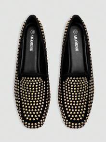 Women's Casual Slip-On Loafers, Covered With 3D Foil Patches, Punk Metal Style, Breathable Fabric Upper, PU Lining And Insole, Soft Outsole, Lightweight And Durable, Square Toe, Suitable For Pairing With Pants, New Spring/Summer Collection - Gold - View 1