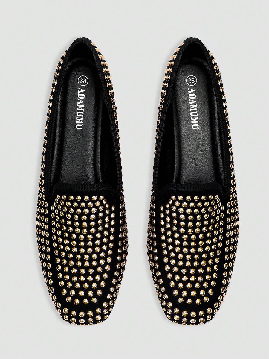 Women's Casual Slip-On Loafers, Covered With 3D Foil Patches, Punk Metal Style, Breathable Fabric Upper, PU Lining And Insole, Soft Outsole, Lightweight And Durable, Square Toe, Suitable For Pairing With Pants, New Spring/Summer Collection - Gold - View 1