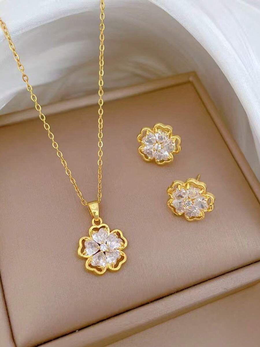 一套不锈钢项链和耳环,奢华水钻四叶草心形个性化首饰套装,适合派对佩戴 - 金色 - 查看 1