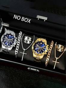 8 件套男士石英表套装，圆形表盘，手链，项链，戒指 - 时尚珠宝套装，适合日常佩戴，也是一份很棒的礼物。 - 彩色 - 查看 1