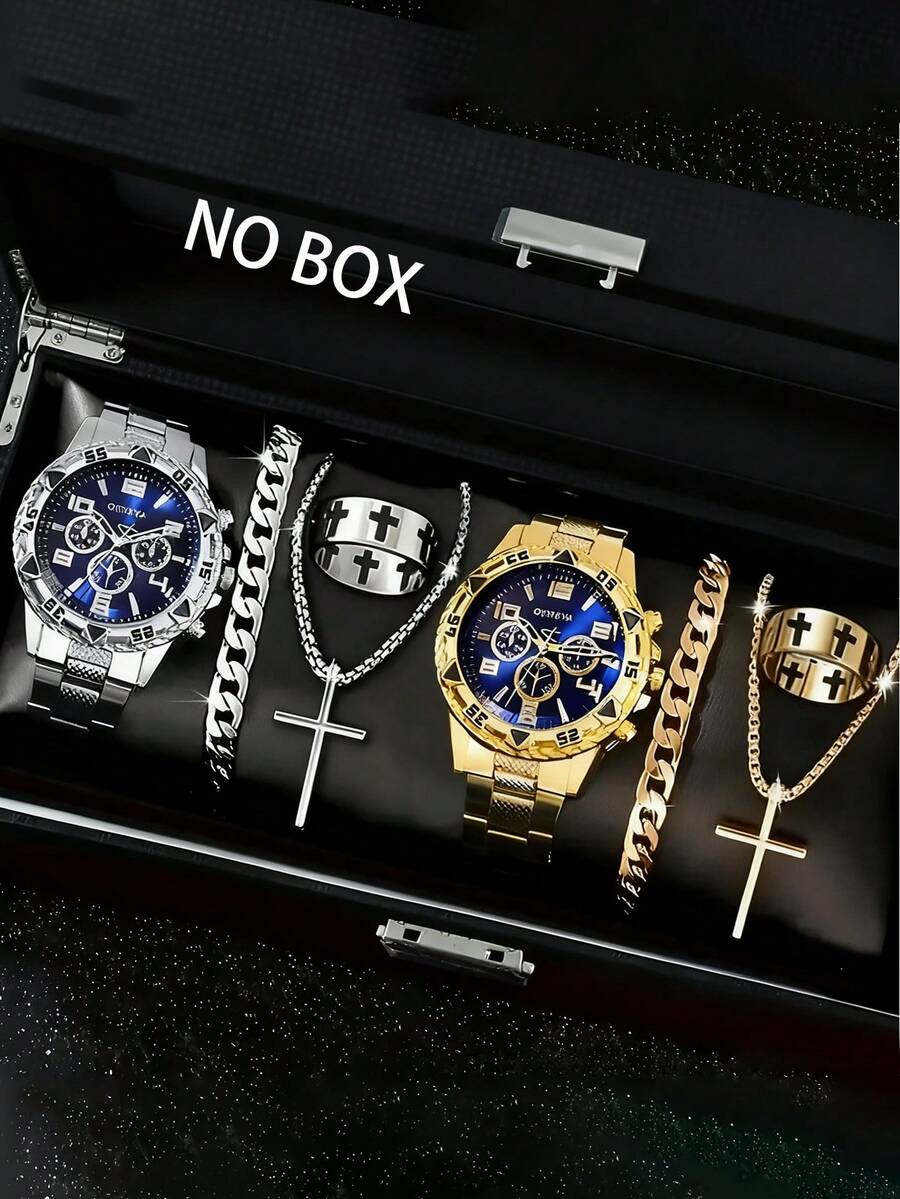 8 件套男士石英表套装，圆形表盘，手链，项链，戒指 - 时尚珠宝套装，适合日常佩戴，也是一份很棒的礼物。 - 彩色 - 查看 1