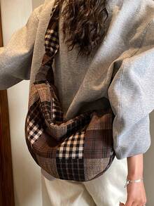 Vintage Coffee Color Bag, Japanese Minimalist Forest Style Plaid Shoulder Bag, Fashion Pleated Bow Zipper Closure Crossbody Bag, School/College/Work Lightweight Foldable Cloth Bag, Suitable For Shopping, Daily Commute, Crescent Moon Bag, Autumn/Winter Vintage Coffee Color Bag - Multicolor - View 6