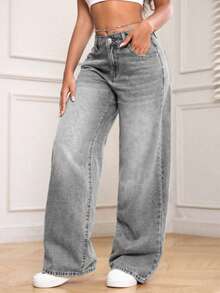 Teens' Casual Straight Loose Fit Jeans - Grey - View 5