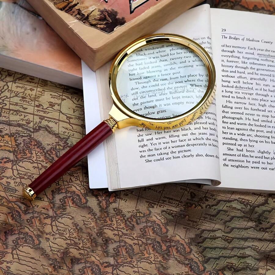 1pc 50x Magnifier - HD Metal Handheld Magnifier With Ergonomic Handle No Power Required For Reading Books Newspapers Outdoor Science And Making Fire - Wood Grain Magnifying Glass - View 1