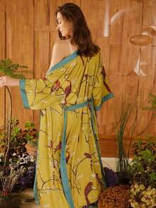 Retro Japanese Style Loose Mid-Length Elegant Fashion Printed Niche Design Kimono Cover Up, Casual Loungewear, Sexy Robe, Sleepwear, Summer Beach Cover-Up, Swimsuit Outer Layer, Lightweight Sunscreen Jacket - Yellow - View 2
