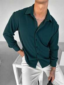 WAIT HIM 男士休闲纯色长袖衬衫 - 墨綠色 - 查看 10