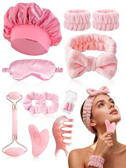 2/3/8/11 Stücke/Set Frauen Gesichts-Schönheitsmassage-Werkzeug-Kombination, inklusive Gua Sha Board, Roller, Gesichtsmassagekamm, Haarband, Armband, Schlafmaske, Ohrstöpsel, Schlafkappe, Badekappe, Großpackung Frauen-Pflegewerkzeug-Set
