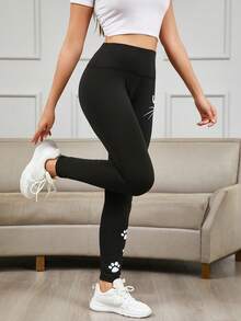 Women's High-Waisted Elastic Warm Butt Lift Slim Fit Leggings - Cat Paw Print Velvet, Soft & Stretchy Yoga Pants For Outdoor Cycling, Running, Yoga, Autumn & Winter,Fleece - Black - View 5