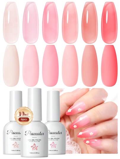 peacecolor 6 PIEZAS Esmalte de gel de color rosa desnudo de 10ML, Set de colores primaverales y de verano azul, amarillo, verde, cristal transparente con efecto traslúcido, para mujeres, manualidades en casa, regalos de salón de uñas