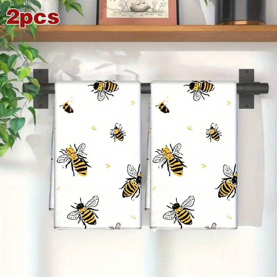 2pcs Cute Bee Print Kitchen Towels - Ultra-Fine Microfiber Cloths With Bee & Honeycomb Pattern, Black & Yellow Bee Design, Absorbent Dish Towels For Cooking, Baking, Hand Drying, Tea Towels, Bee-Themed Gift 16x24 Inch For Birthday Anniversaries, Valentine's Day, Thanksgiving, Christmas, Halloween, Wedding, New Year Gifts Provide, Ideal Gifts For Her, Him, Family Members, Boyfriends, Girlfriends, Fathers, Family Members, Mothers, Lovers, Daughters, Sons, Grandfathers, Grandmothers, Friends, Classmates And Pets KitchenTowel, Kitchen Sofa, Bed, Car, Bedroom, Living Room, Office, Outdoor Camping, Beach, Wall Decoration, Bedroom Decor, Fall Decor, Fall Decorations For Home, Christmas Party Theme KitchenTowel, Christmas Decor - 白色 - 查看 1
