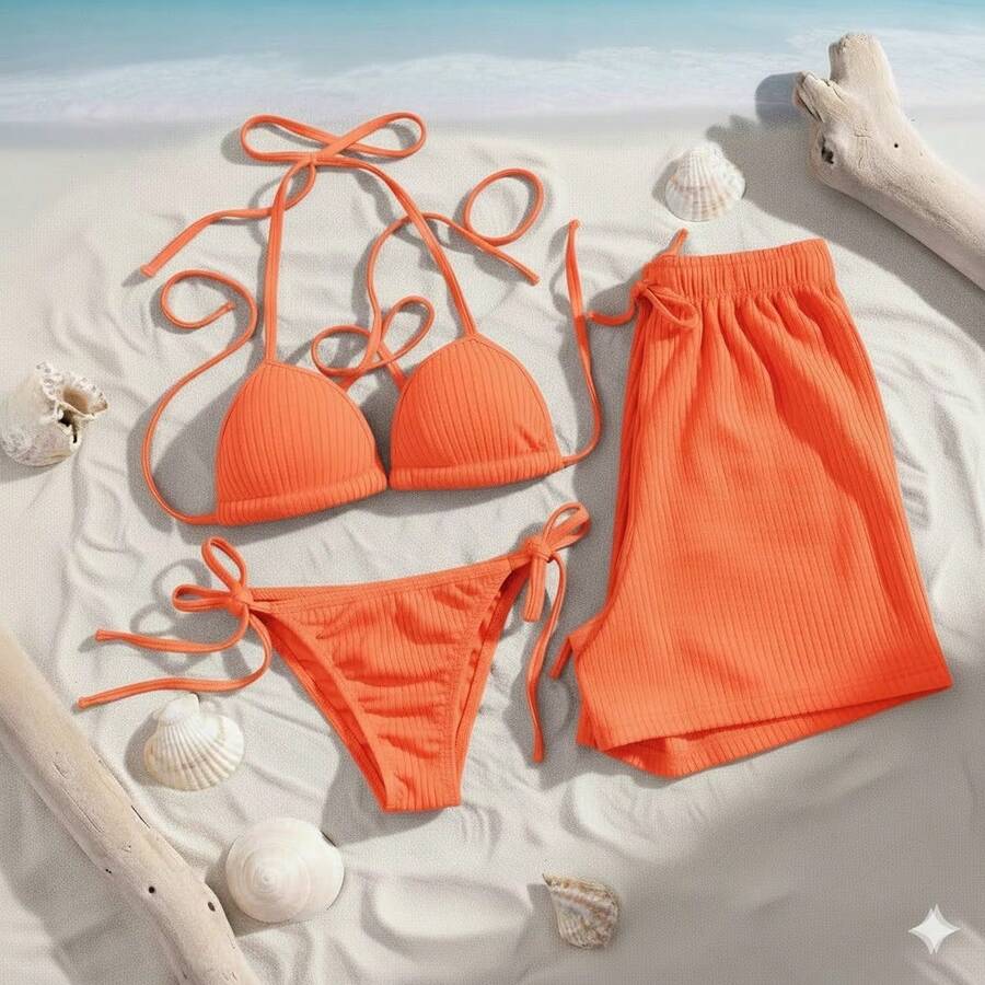 3-Piece Ribbed Beachwear Set: Complete Bikini (Top/Bottom) + Loose Shorts | Beach Cover-Up - 霓虹橙 - 查看 1