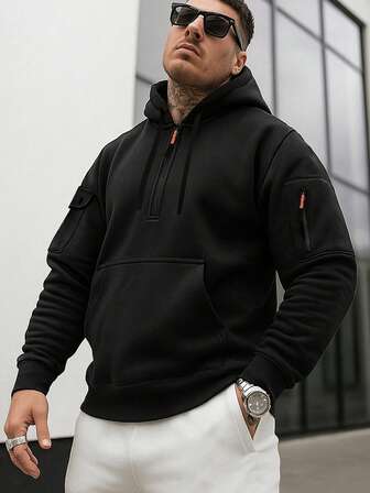 Sudadera con capucha con media cremallera y forro térmico, estilo casual y de moda para hombre, minimalista para exteriores, para otoño/invierno, top de manga larga