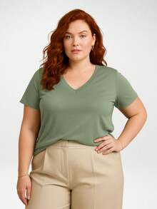 Women's Plus Size Blouse, V-Neck, Short Sleeves, Premium Knit, Basic Casual Style - H00 - 橄欖綠 - 查看 8