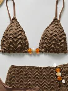 Bikinx 3件套女士棕色挂脖比基尼套装，带串珠细节和开衩罩衫，休闲性感高弹露背系带纹理沙滩装 - 棕色 - 查看 3