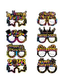 8件套2026新年快乐派对拍照道具 - 节日眼镜，印有“新年快乐”和“Cheers 2026”字样，色彩缤纷，适合新年庆祝活动、新年派对装饰，是庆祝活动和新年夜装饰的理想之选。 - 炫彩 - 查看 1