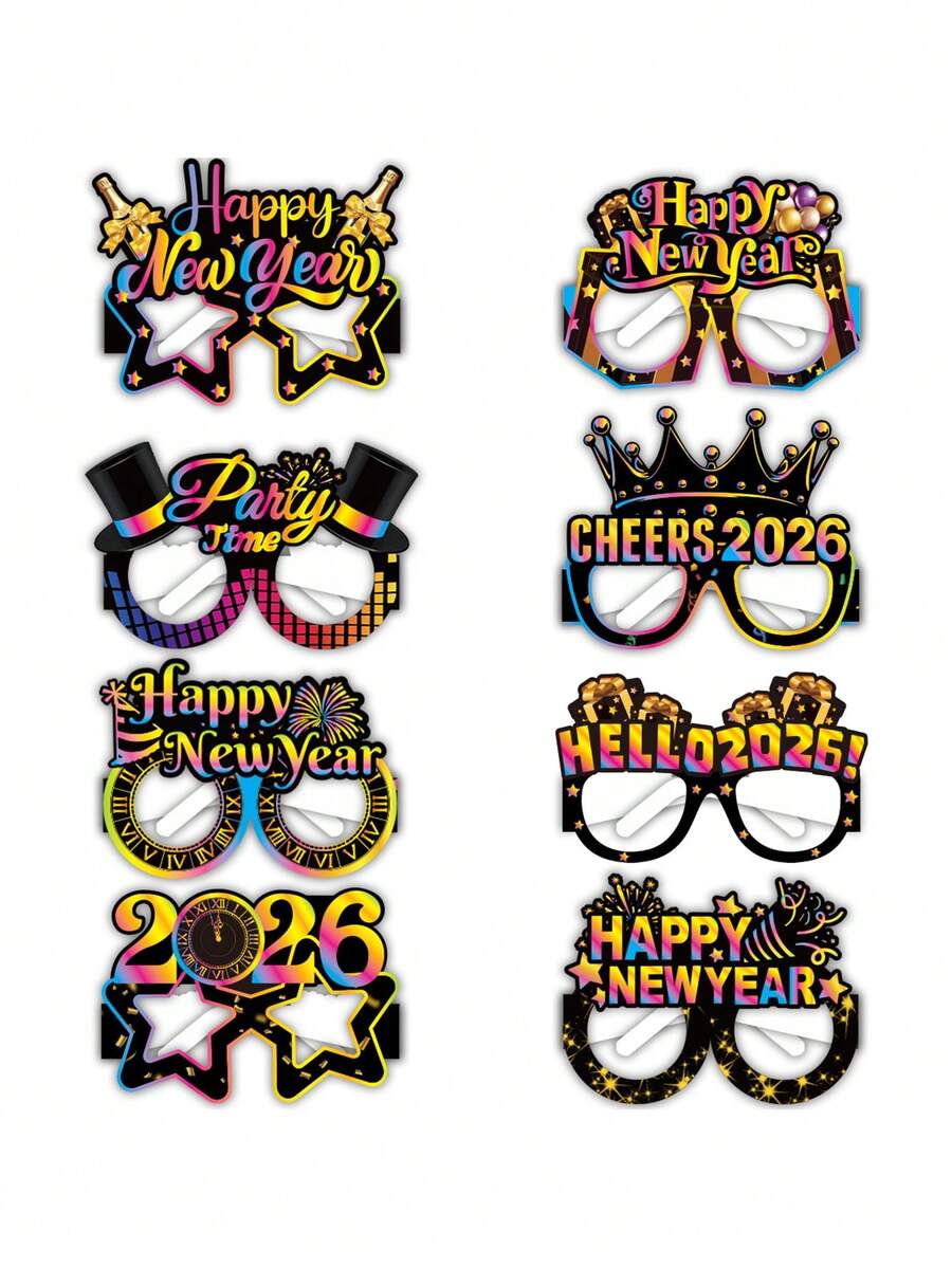 8件套2026新年快乐派对拍照道具 - 节日眼镜,印有“新年快乐”和“Cheers 2026”字样,色彩缤纷,适合新年庆祝活动、新年派对装饰,是庆祝活动和新年夜装饰的理想之选。 - 炫彩 - 查看 1