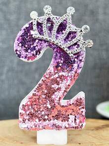 1Pc Gradient Purple Pink Sequin Number 0-9 Birthday Candle With Rhinestone Crown Princess Style Cake Topper Candle Kids Birthday Party Layout Supplies - Multicolor - View 18