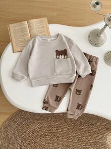 2pcs/Set Infant/Toddler Unisex Casual Bear Embroidered Long Sleeve Sweatshirt And Bear Print Long Pants Set, Spring/Autumn - Khaki - View 4