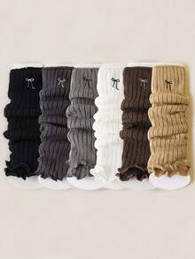 2/4/6 Pairs Women Bow Striped Lace Simple Warm Thigh High Leg Warmers, Collegiate Style Versatile Knee,High Leg Warmers, Autumn/Winter/Spring, Cozy